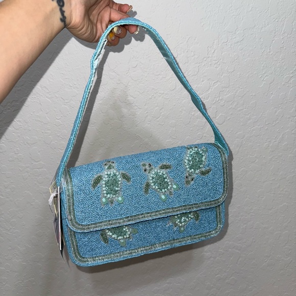 made in india Handbags - Aqua Embroidered Sea Turtle Shoulder Bag